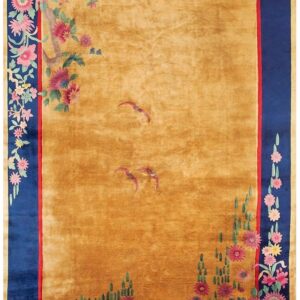 1920s Antique Warm Gold Ground Floral Modern Knotted Chinese Art Deco Carpet Rug
