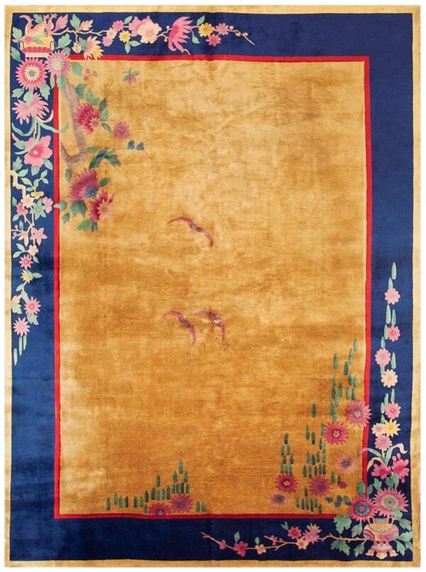 1920s antique warm gold ground floral modern knotted chinese art deco carpet rug 1 1920s antique warm gold ground floral modern knotted chinese art deco carpet rug