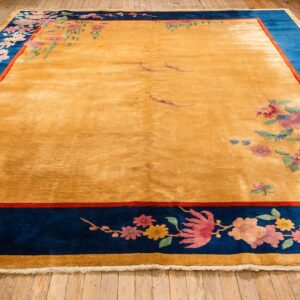 1920s Antique Warm Gold Ground Floral Modern Knotted Chinese Art Deco Carpet Rug - detail view 1