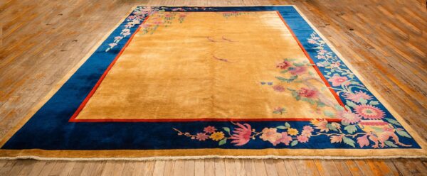 1920s antique warm gold ground floral modern knotted chinese art deco carpet rug 2 1920s antique warm gold ground floral modern knotted chinese art deco carpet rug - detail view 1