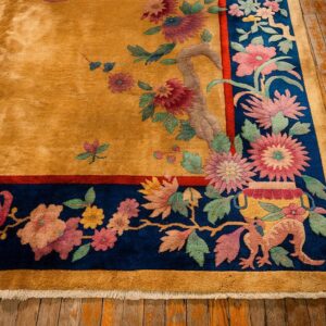 1920s Antique Warm Gold Ground Floral Modern Knotted Chinese Art Deco Carpet Rug - detail view 2