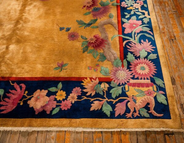 1920s antique warm gold ground floral modern knotted chinese art deco carpet rug 3 1920s antique warm gold ground floral modern knotted chinese art deco carpet rug - detail view 2