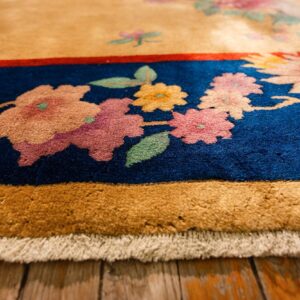 1920s Antique Warm Gold Ground Floral Modern Knotted Chinese Art Deco Carpet Rug - detail view 3