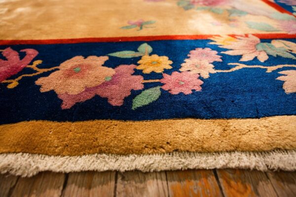1920s antique warm gold ground floral modern knotted chinese art deco carpet rug 4 1920s antique warm gold ground floral modern knotted chinese art deco carpet rug - detail view 3