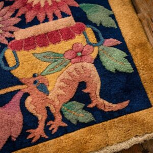 1920s Antique Warm Gold Ground Floral Modern Knotted Chinese Art Deco Carpet Rug - detail view 4