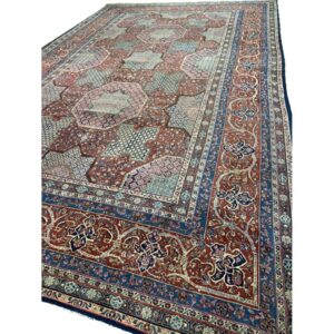 1920s Blue Navy Geometric Traditional Antique Knotted Wool Kashan Carpet Rug - detail view 1