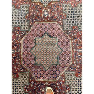 1920s Blue Navy Geometric Traditional Antique Knotted Wool Kashan Carpet Rug - detail view 3