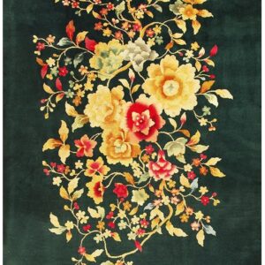 1920s Green Floral Medallion Haute Modern Knotted Antique Chinese Art Deco Rug