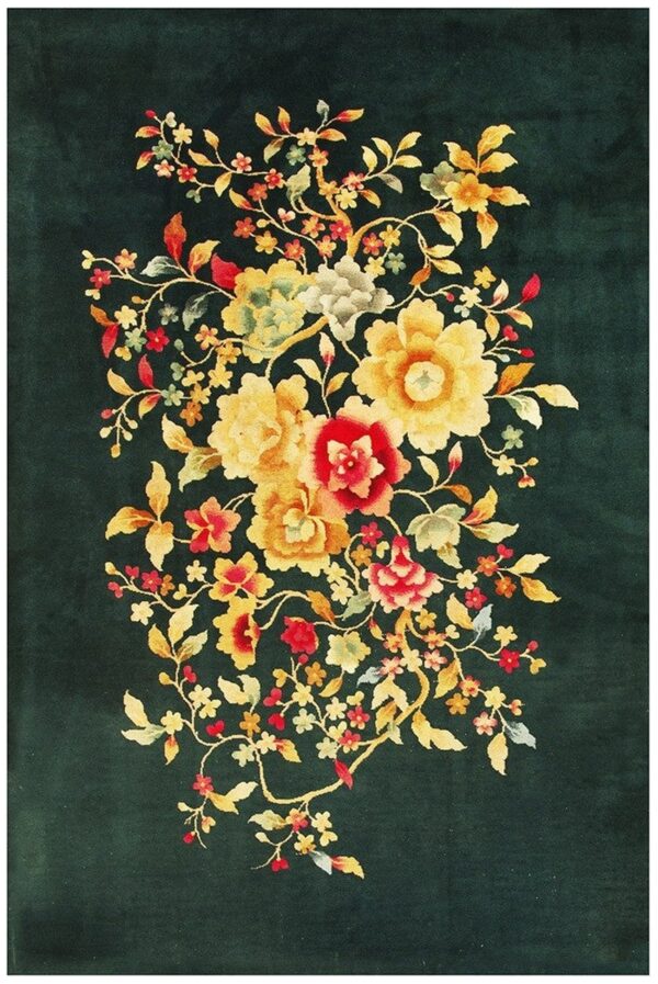 1920s green floral medallion haute modern knotted antique chinese art deco rug