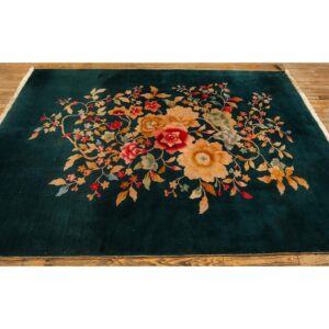1920s Green Floral Medallion Haute Modern Knotted Antique Chinese Art Deco Rug - detail view 2
