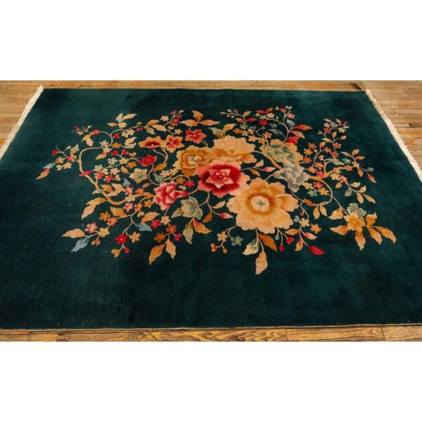 1920s green floral medallion haute modern knotted antique chinese art deco rug - detail view 2