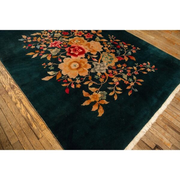 1920s green floral medallion haute modern knotted antique chinese art deco rug - detail view 3