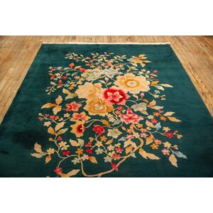 1920s Green Floral Medallion Haute Modern Knotted Antique Chinese Art Deco Rug - detail view 4