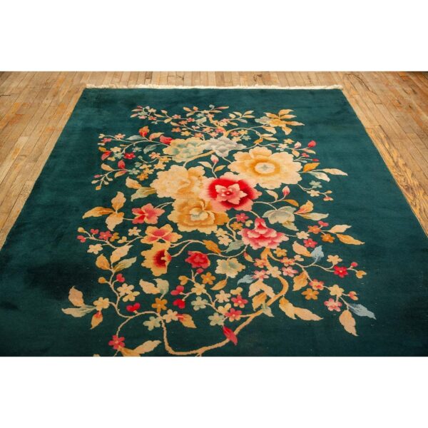 1920s green floral medallion haute modern knotted antique chinese art deco rug - detail view 4