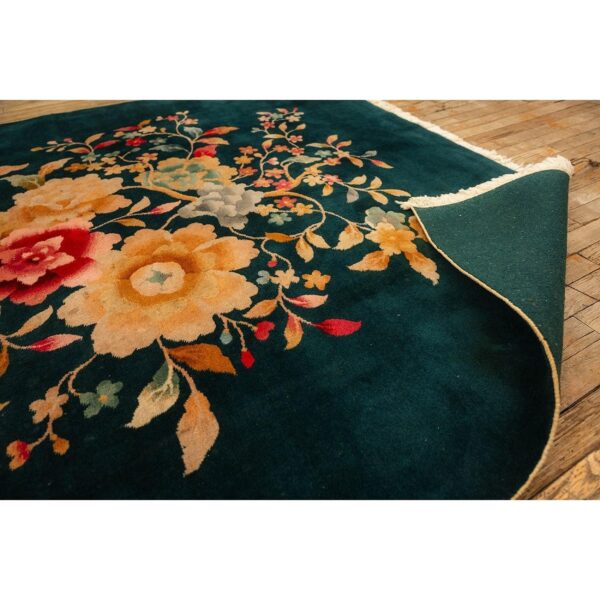 1920s green floral medallion haute modern knotted antique chinese art deco rug - detail view 5
