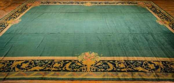 1920s green open field roses border antique donegal arts crafts woven carpet rug 2 1920s green open field roses border antique donegal arts crafts woven carpet rug - detail view 1