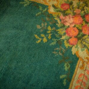 1920s Green Open Field Roses Border Antique Donegal Arts Crafts Woven Carpet Rug - detail view 5