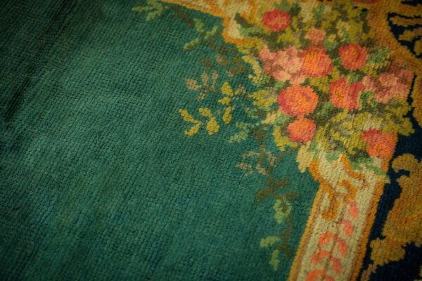 1920s green open field roses border antique donegal arts crafts woven carpet rug 6 1920s green open field roses border antique donegal arts crafts woven carpet rug - detail view 5