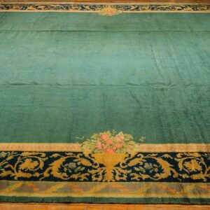 1920s Green Open Field Roses Border Antique Donegal Arts Crafts Woven Carpet Rug - detail view 6