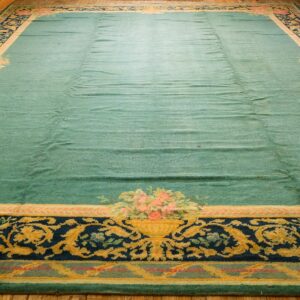 1920s Green Open Field Roses Border Antique Donegal Arts Crafts Woven Carpet Rug - detail view 7