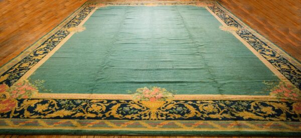 1920s green open field roses border antique donegal arts crafts woven carpet rug 8 1920s green open field roses border antique donegal arts crafts woven carpet rug - detail view 7