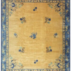 1920s Large Size Bold Yellow Field Handknotted Art Deco Wool Antique Chinese Rug