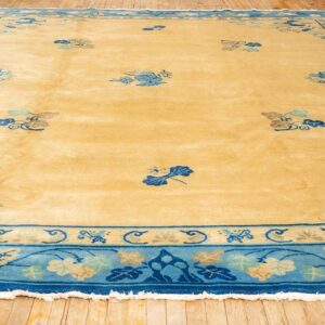 1920s Large Size Bold Yellow Field Handknotted Art Deco Wool Antique Chinese Rug - detail view 1