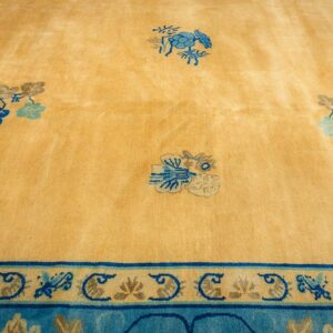 1920s Large Size Bold Yellow Field Handknotted Art Deco Wool Antique Chinese Rug - detail view 2