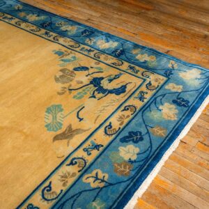 1920s Large Size Bold Yellow Field Handknotted Art Deco Wool Antique Chinese Rug - detail view 3