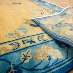 1920s Large Size Bold Yellow Field Handknotted Art Deco Wool Antique Chinese Rug - detail view 7