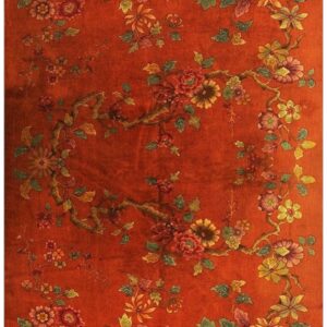 1920s Modern Square Orange Bold Floral Knotted Wool Antique Chinese Art Deco Rug