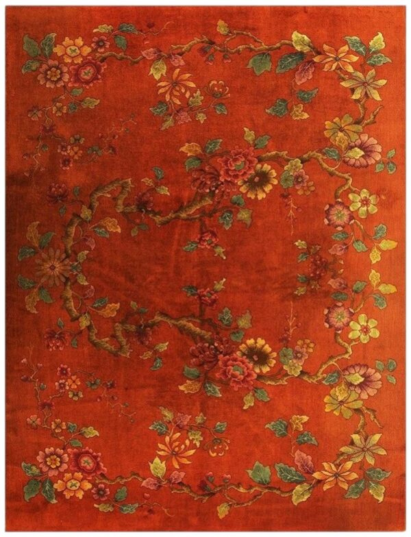 1920s modern square orange bold floral knotted wool antique chinese art deco rug 1 1920s modern square orange bold floral knotted wool antique chinese art deco rug