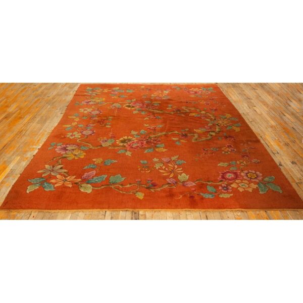 1920s modern square orange bold floral knotted wool antique chinese art deco rug 2 1920s modern square orange bold floral knotted wool antique chinese art deco rug - detail view 1