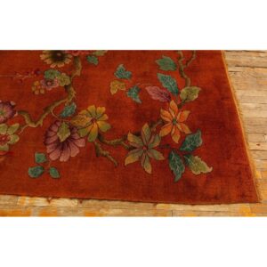 1920s Modern Square Orange Bold Floral Knotted Wool Antique Chinese Art Deco Rug - detail view 2