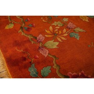 1920s Modern Square Orange Bold Floral Knotted Wool Antique Chinese Art Deco Rug - detail view 3