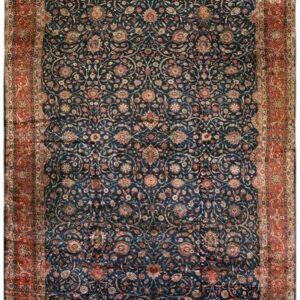 1920s Navy Field Traditional Floral Oversized Antique Kashan Knotted Wool Rug