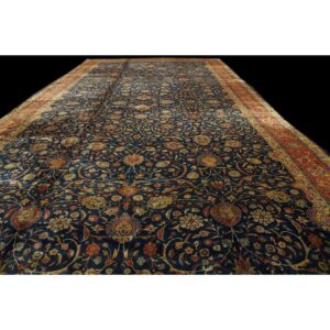 1920s Navy Field Traditional Floral Oversized Antique Kashan Knotted Wool Rug - detail view 1