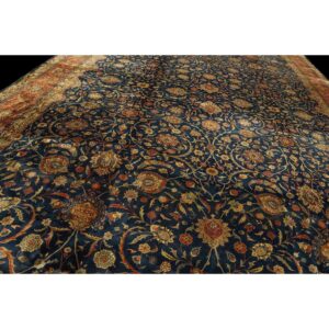 1920s Navy Field Traditional Floral Oversized Antique Kashan Knotted Wool Rug - detail view 7