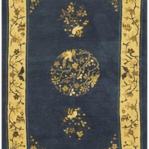 1920s Navy Floral Birds Medallion Antique Chinese Peking Knotted Wool Carpet Rug