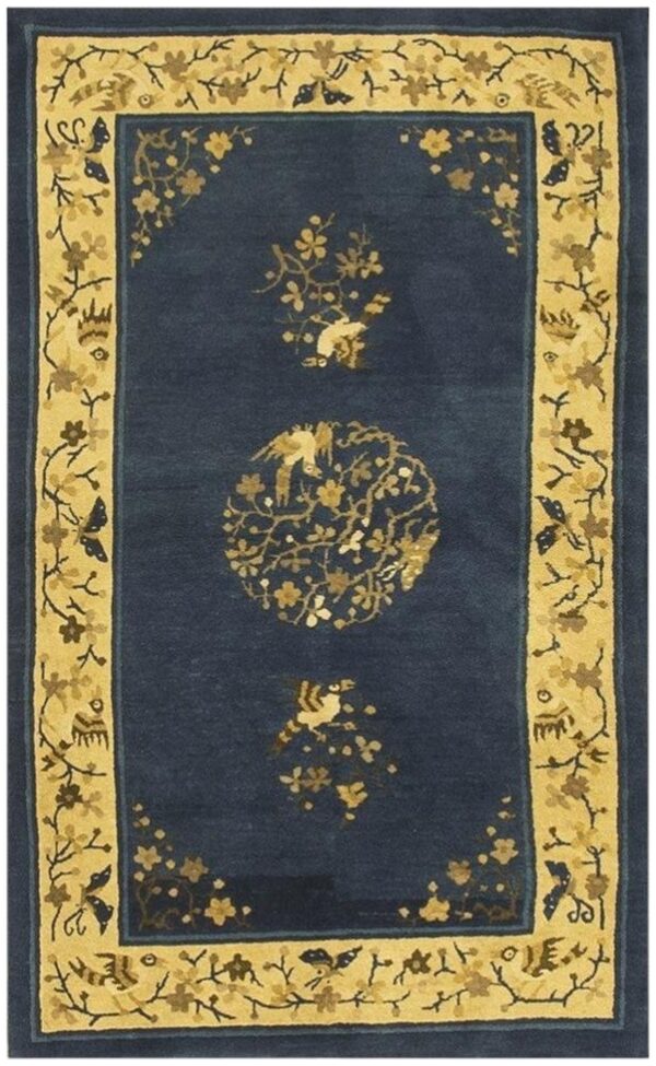 1920s navy floral birds medallion antique chinese peking knotted wool carpet rug