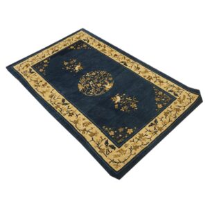 1920s Navy Floral Birds Medallion Antique Chinese Peking Knotted Wool Carpet Rug - detail view 1