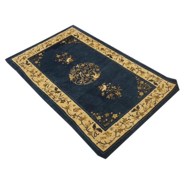1920s navy floral birds medallion antique chinese peking knotted wool carpet rug - detail view 1