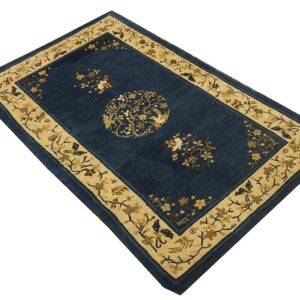 1920s Navy Floral Birds Medallion Antique Chinese Peking Knotted Wool Carpet Rug - detail view 2