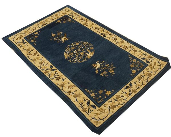 1920s navy floral birds medallion antique chinese peking knotted wool carpet rug - detail view 2