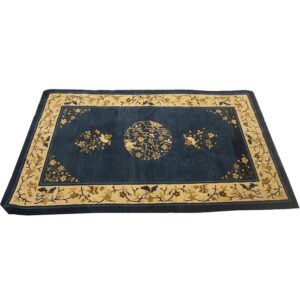 1920s Navy Floral Birds Medallion Antique Chinese Peking Knotted Wool Carpet Rug - detail view 3