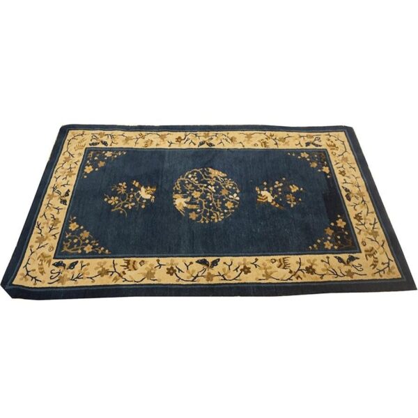 1920s navy floral birds medallion antique chinese peking knotted wool carpet rug - detail view 3