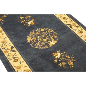 1920s Navy Floral Birds Medallion Antique Chinese Peking Knotted Wool Carpet Rug - detail view 4