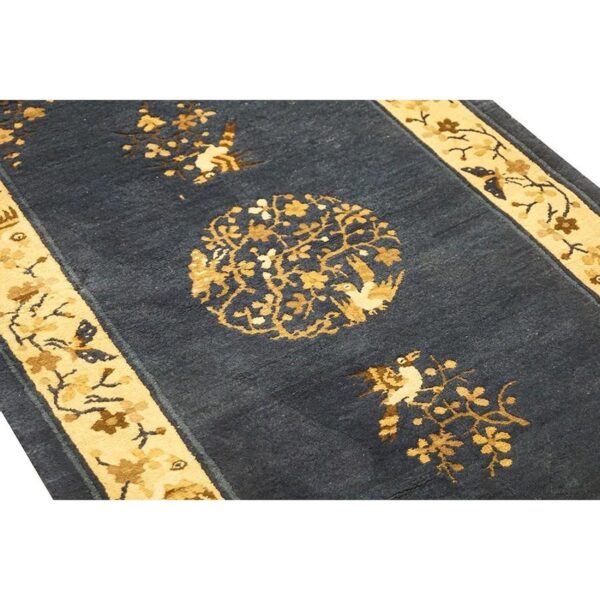 1920s navy floral birds medallion antique chinese peking knotted wool carpet rug - detail view 4