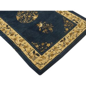 1920s Navy Floral Birds Medallion Antique Chinese Peking Knotted Wool Carpet Rug - detail view 5