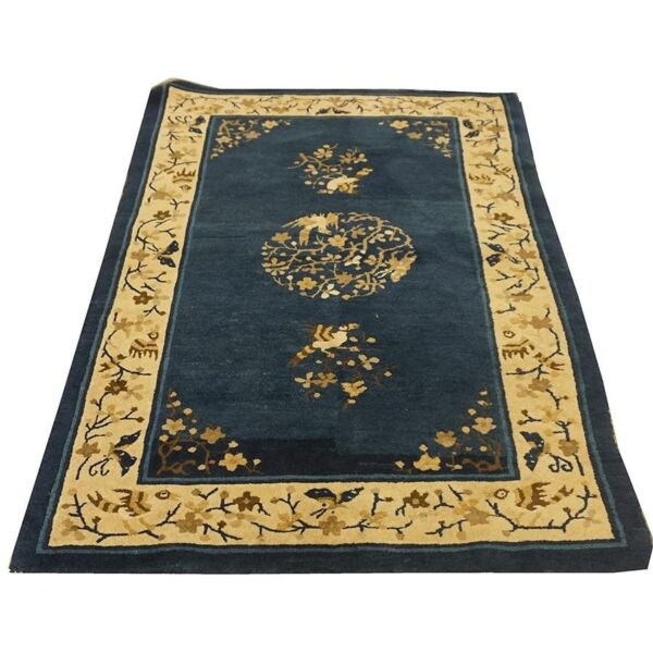 1920s navy floral birds medallion antique chinese peking knotted wool carpet rug - detail view 6